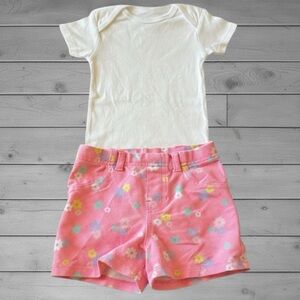White Onesie and Pink Floral Shorts Set